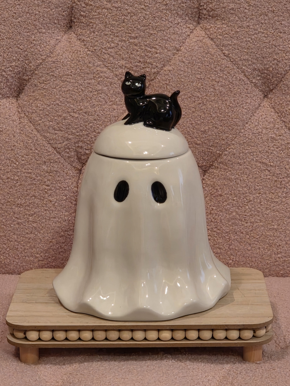 Ceramic White Ghost Cookie Jar with Black Cat Lid